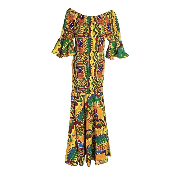 Vtg Smocked Kente African Maxi Dress Free Size World Dance Cultural Festival - Picture 2 of 7